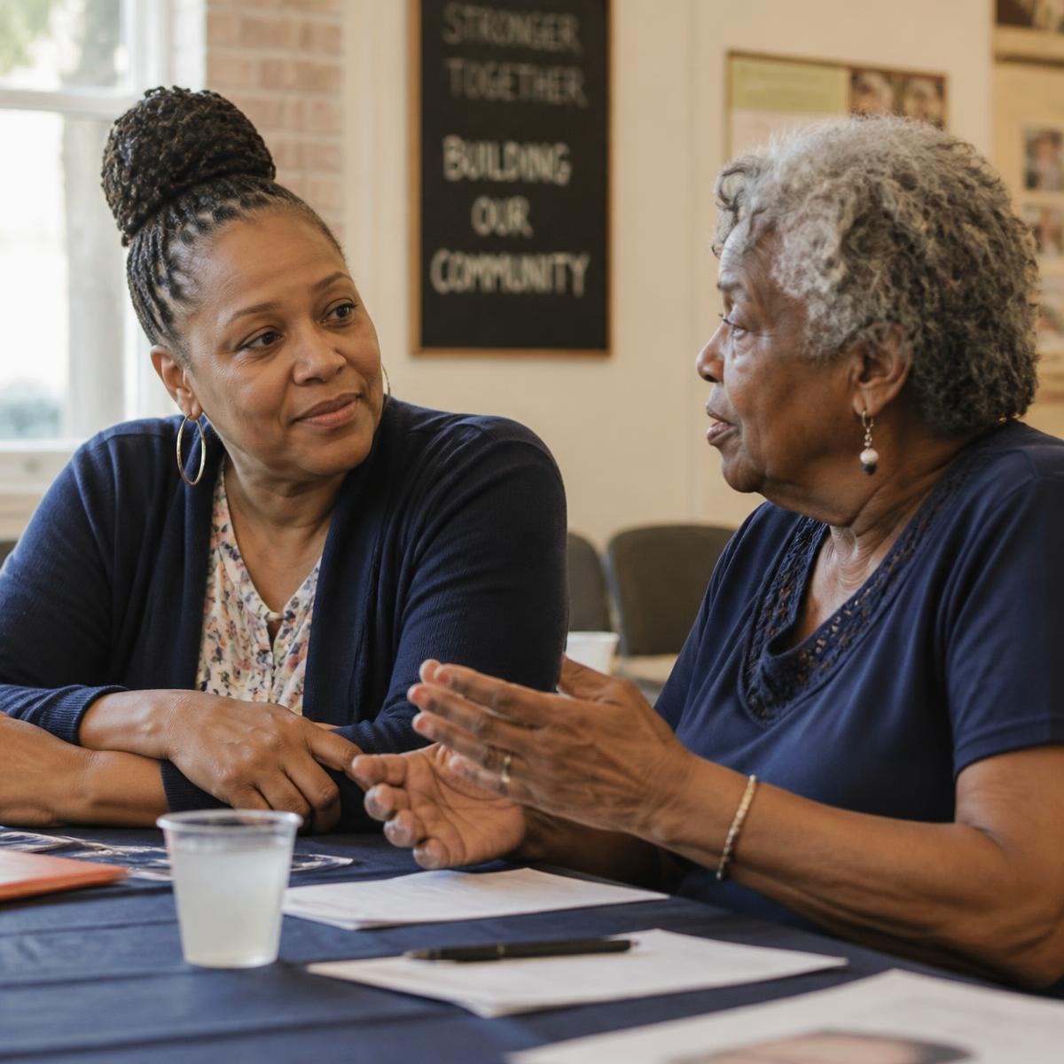Two community members sitting together at a table in conversation, one listening closely as the other speaks.